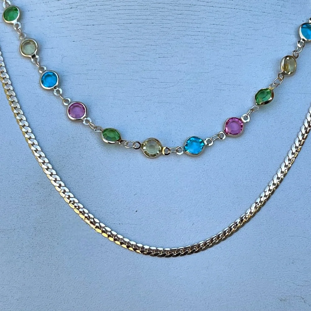 Beautiful multicolor faceted rhinestone 2 layer stainless steel gold necklace - Picture 5 of 8
